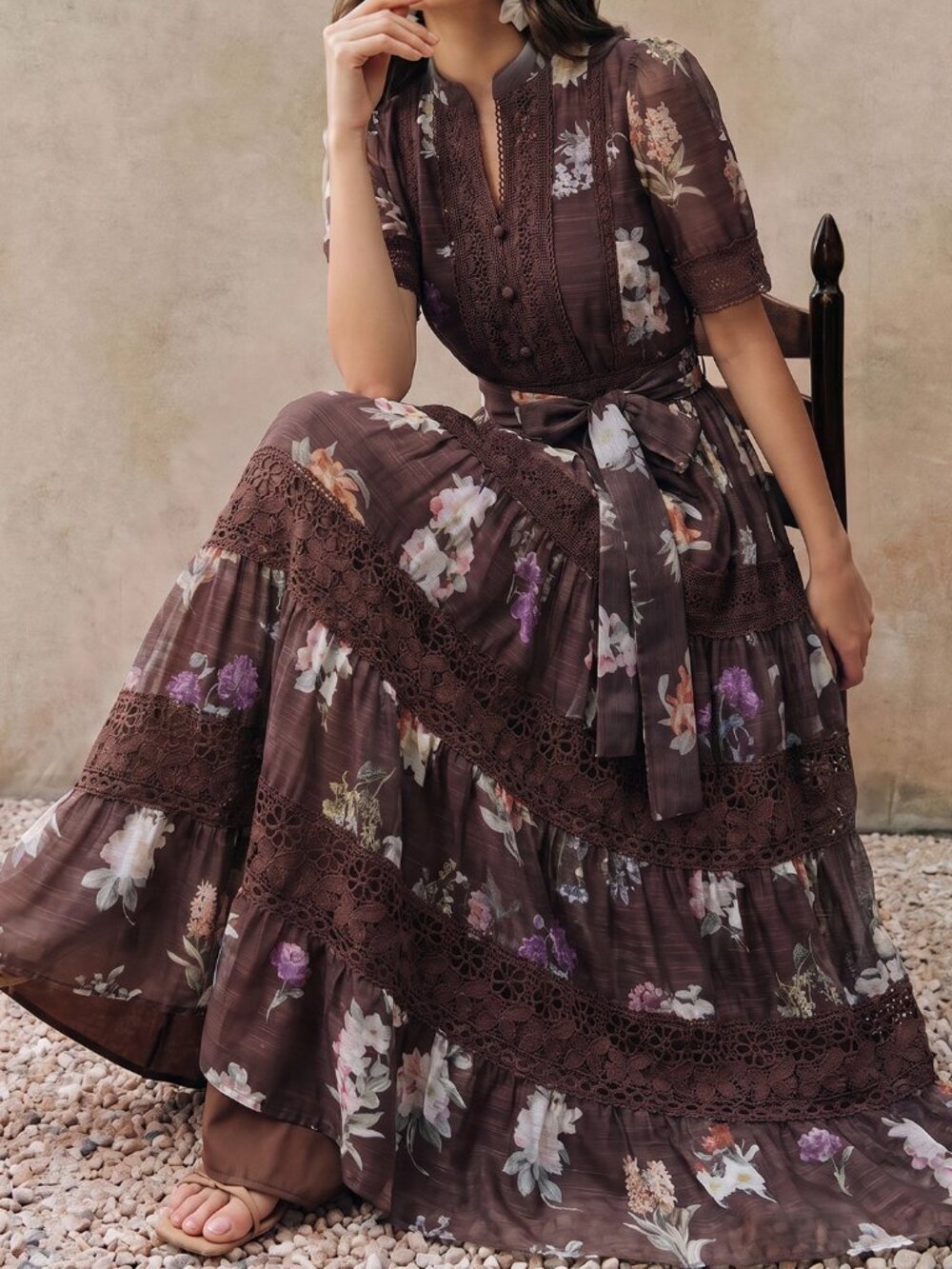 Brown Boho Women's Tropical Embroidery Puff Sleeve High Waist A-Line Long Dress